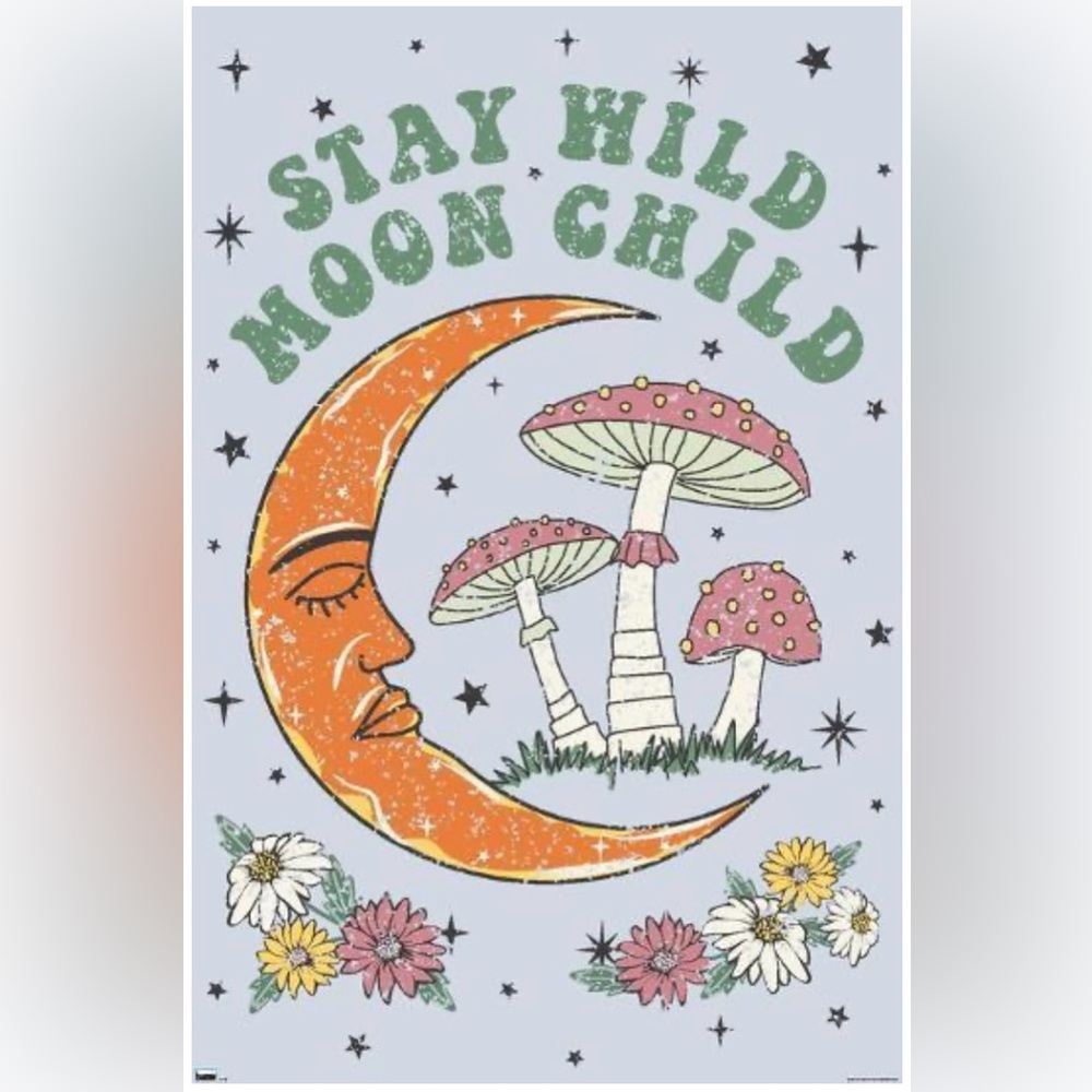 NIP STAY WILD MOON CHILD Hippie Mushrooms Moon Groovy Wall Poster 22.375” x 34”